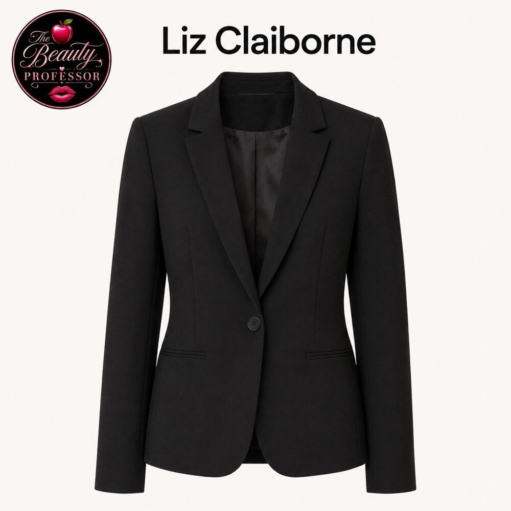 💞 Liz Claiborne Career Size 14 Black Stretch Blazer Tailored One Button Jacket